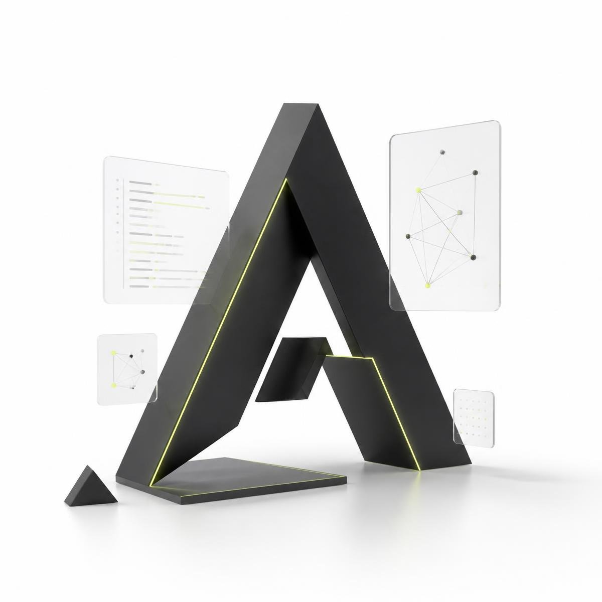 Composição geométrica do símbolo Axyvo com painéis de código e conexões de inteligência artificial